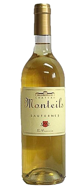 Sauternes sweet wine style bottle with label stating the 2018 vintage Château Monteils by Château Monteils, from Sauternes, France.