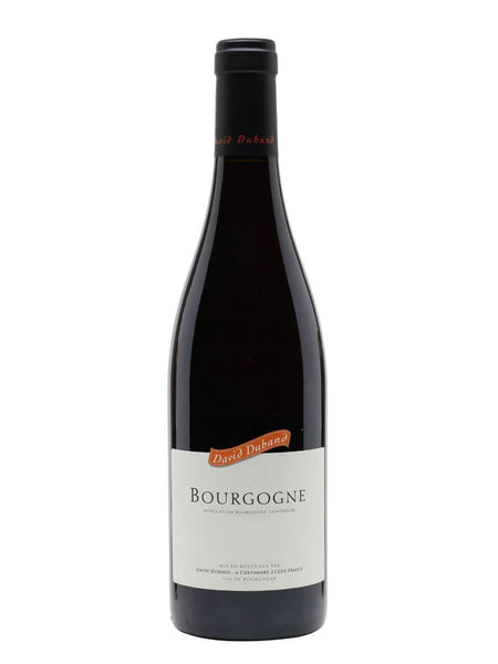 Burgundy red wine style bottle with label stating the 2019 vintage Bourgogne Rouge by Domaine David Duband, from Burgundy, France.