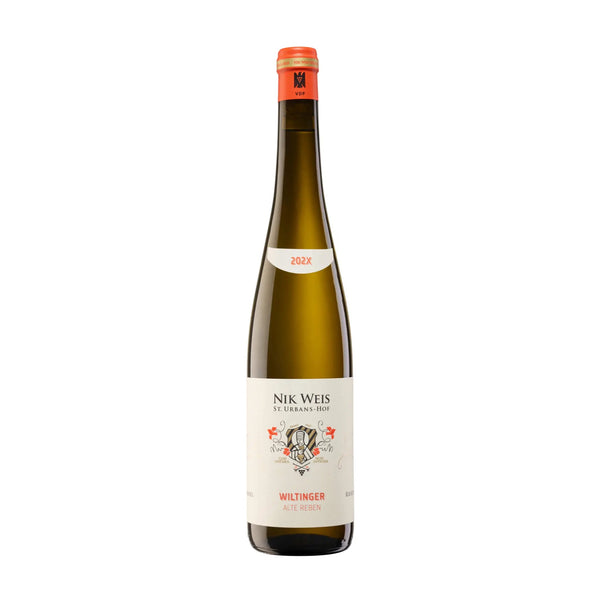 Mosel white wine style bottle with label stating the 2021 vintage Wiltinger Riesling Alte Reben by Nik Weis St. Urbans, from Mosel, Germany.