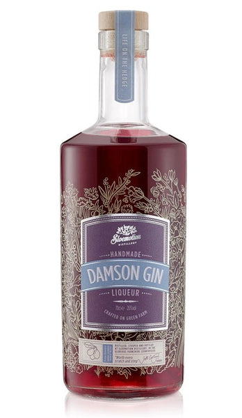 North Yorkshire style bottle with label stating the Sloe Motion Damson Gin spirit wine vintage by Sloe Motion Ltd from England.