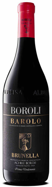 Piedmont red wine style bottle with label stating the 2013 vintage Barolo La Brunella by Boroli, from Piedmont, Italy.