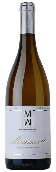 Burgundy white wine style bottle with label stating the 2017 vintage Meursault by Mischief & Mayhem, from Burgundy, France.