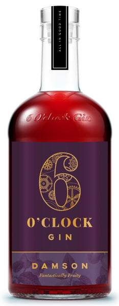 Spirits style bottle with label stating 6 O’clock  Damson Gin by Bramley & Gage Ltd, from Gloucestershire, England.