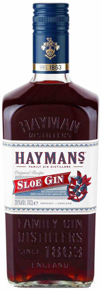 London style bottle with label stating the Hayman Sloe Gin spirit wine vintage by Hayman's from England.
