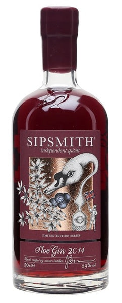 London style bottle with label stating the Sipsmith Sloe Gin spirit wine vintage by Sipsmith from England.