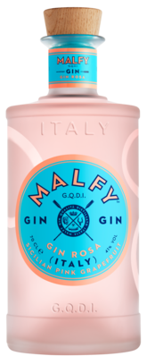 Spirits style bottle with label stating MALFY Pink Grapefruit Gin (Sicilian) by Torino Distillati, from Piedmont, Italy.