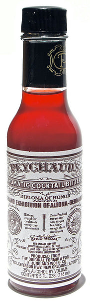  style bottle with label stating Peychaud's Aromatic Bitters by Sazerac Company Inc (Buffalo Trace Distillery), from Kentucky, USA.