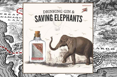 Elephant Gin bottle with slogan ‘Drink Gin & Save Elephants’ on an antique African map background.