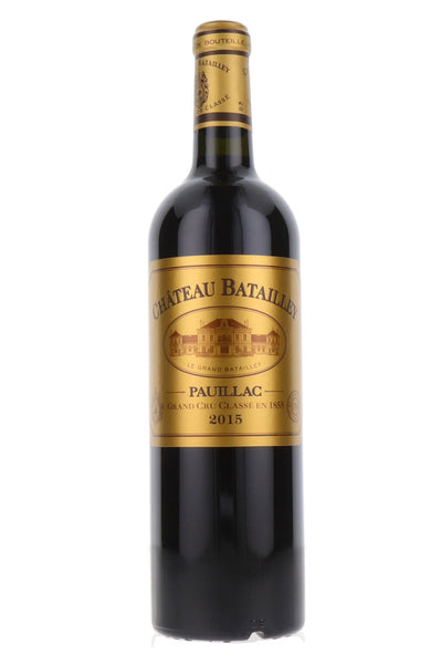 Bordeaux red wine style bottle with label stating the 2015 vintage Pauillac by Château Batailley, from Bordeaux, France.