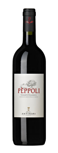 Tuscany red wine style bottle with label stating the 2020 vintage Pèppoli Chianti Classico by Antinori, from Tuscany, Italy.