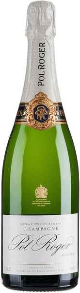 Magnum Champagne style bottle with label stating Pol Roger Extra Cuvée de Réserve Magnum champagne by Pol Roger, from Vallée d'Épernay, France.