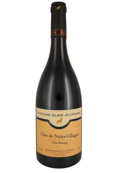 Bourgogne red wine style bottle with label stating the 2017 vintage Côte de Nuits-Villages Vieilles Vignes by Domaine Alain Jeanniard, from Bourgogne, France.