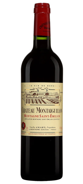 Bordeaux red wine style bottle with label stating the 2019 vintage Montagne-Saint-Emilion by Château Montaiguillon, from Bordeaux, France.