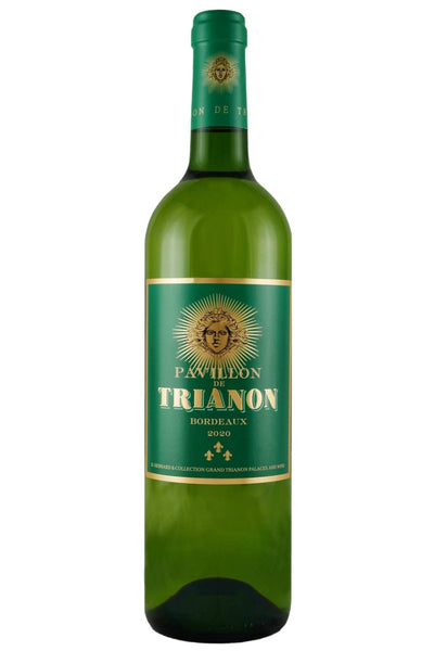 Bordeaux white wine style bottle with label stating the 2020 vintage Pavillon de Trianon Blanc by Château Trianon, from Bordeaux, France.
