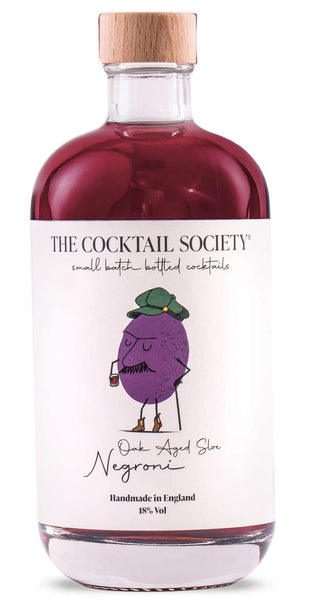 Spirits style bottle with label stating Cocktail Society Oak Aged Sloe Negroni by The Cocktail Society, from Oxfordshire, England (Italy).