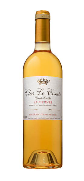 Sauternes sweet wine style bottle with label stating the 2010 vintage Clos Le Comte 'Cuvée Céline' by Domaine Le Comte, from Sauternes, France.