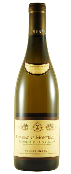 Burgundy white wine style bottle with label stating the 2020 vintage Chassagne Montrachet 1er Cru 'Les Vergers'  by Domaine René Lequin-Colin, from Burgundy, France.