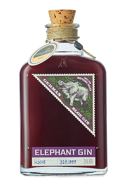 Spirits style bottle with label stating Elephant Sloe Gin by Elephant Gin GmbH, from Saxony-Anhalt, Germany.