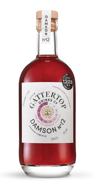 Spirits style bottle with label stating Gattertop Damson No.12 by Gattertop Drinks Company, from Herefordshire, England.