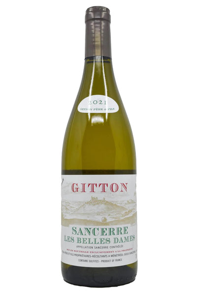 Loire white wine style bottle with label stating the 2022 vintage Sancerre 'Les Belles Dames' by Gitton Père et Fils, from Loire, France.