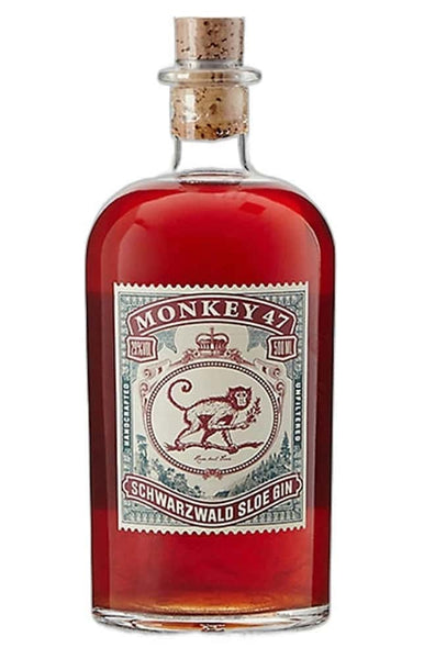 Spirits style bottle with label stating Monkey 47 Sloe Gin by Black Forest Distillers GmbH, from Black Forest, Germany.