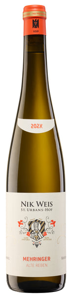 Mosel white wine style bottle with label stating the 2021 vintage Mehringer Riesling Alte Reben by Nik Weis St. Urbans, from Mosel, Germany.