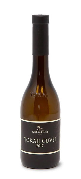 Tokaji sweet wine style bottle with label stating the 2019 vintage Tokaji Cuvée - half bottle by Szarka Pince, from Tokaji, Hungary.