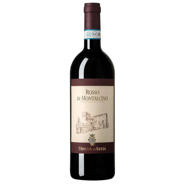 Tuscany red wine style bottle with label stating the 2020 vintage Rosso di Montalcino DOC by Tenuta di Sesta, from Tuscany, Italy.