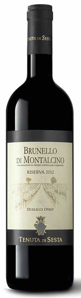 Tuscany red wine style bottle with label stating the 2009 vintage Brunello di Montalcino Riserva 'Duelecci Ovest' by Tenuta di Sesta, from Tuscany, Italy.