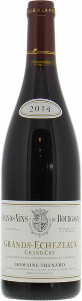 Burgundy red wine style bottle with label stating the 2013 vintage Grands Echezeaux Grand Cru by Domaine Thénard, from Burgundy, France.
