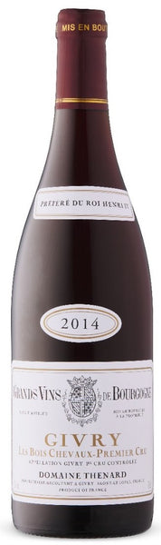 Burgundy red wine style bottle with label stating the 2014 vintage Givry Rouge 1er Cru 'Bois Chevaux' by Domaine Thénard, from Burgundy, France.