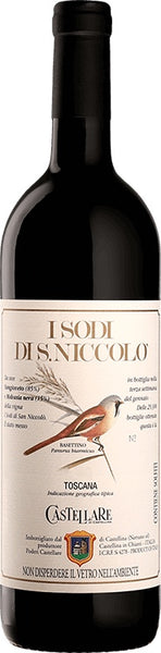 Tuscany red wine style bottle with label stating the 2016 vintage I Sodi di San Niccolo by Castellare di Castellina, from Tuscany, Italy.