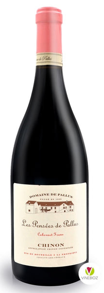 Loire red wine style bottle with label stating the 2016 vintage Chinon Les Pensées de Pallus by Domaine de Pallus, from Loire, France.