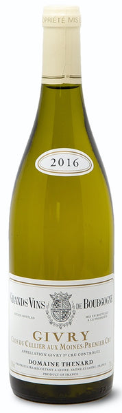 Burgundy white wine style bottle with label stating the 2016 vintage Givry Blanc 1er Cru 'Cellier Aux Moines' by Domaine Thénard, from Burgundy, France.
