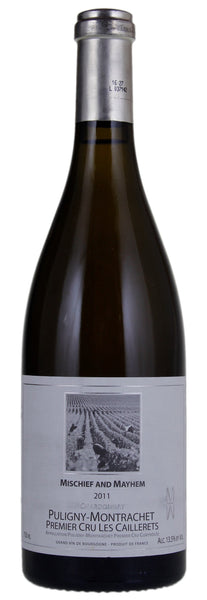 Burgundy white wine style bottle with label stating the 2017 vintage Puligny-Montrachet 1er Cru Les Folatières by Mischief & Mayhem, from Burgundy, France.