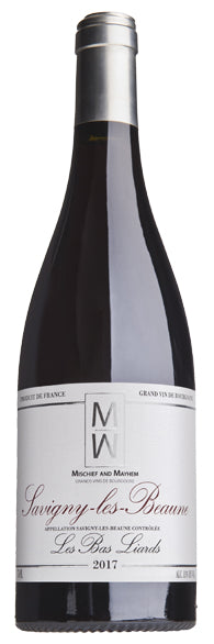 Burgundy white wine style bottle with label stating the 2017 vintage Savigny-lès-Beaune Premier Cru 'Aux Gravains' by Mischief & Mayhem, from Burgundy, France.