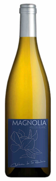 Loire white wine style bottle with label stating the 2018 vintage Anjou Blanc Magnolias by Château de la Roulerie, from Loire, France.