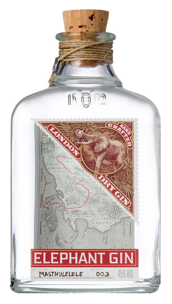 Spirits style bottle with label stating Elephant London Dry Gin by Elephant, from Saxony-Anhalt, Germany.