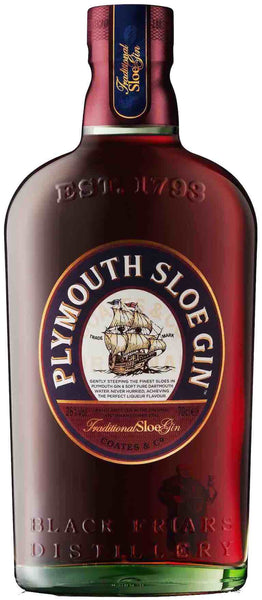 Devon style bottle with label stating the Plymouth Sloe Gin spirit wine vintage by Plymouth from England.