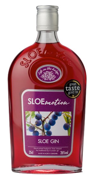North Yorkshire style bottle with label stating the Sloe Motion Sloe Gin spirit wine vintage by Sloe Motion Ltd from England.