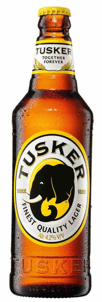 Beer style bottle with label stating Tusker Premium Lager by East African Breweries, from Rift Valley, Kenya.