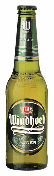 Longneck beer style bottle with label stating Windhoek Lager by Namibia Breweries Ltd, from Windhoek, Namibia.