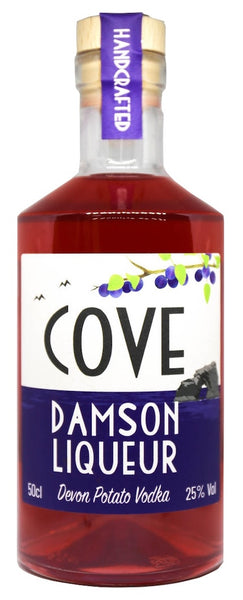 Spirits style bottle with label stating Cove Damson Vodka by Devon Cove Produce Ltd, from Devon, England.