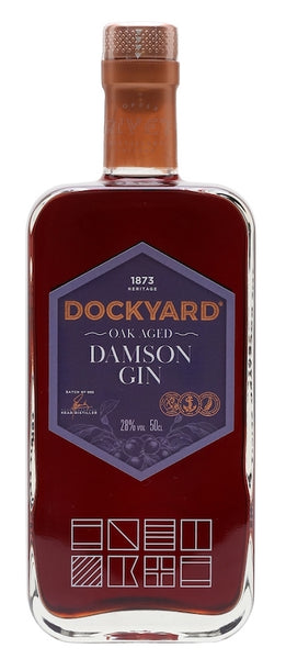 Spirits style bottle with label stating Dockyard Oak Aged Damson Gin by Copper Rivet Distillary Ltd, from Kent, England.
