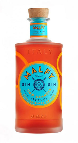 Spirits style bottle with label stating MALFY Arancia Gin (Sicilian Blood Orange) by Torino Distillati, from Piedmont, Italy.