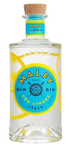 Spirits style bottle with label stating MALFY Limone Gin (Lemon) by Torino Distillati, from Piedmont, Italy.