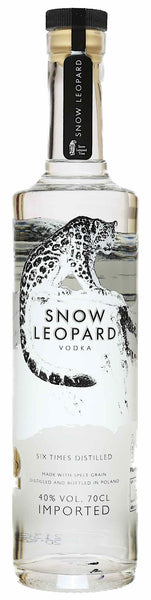 Spirits style bottle with label stating Snow Leopard Vodka by Edrington (Polmos Lublin), from Lublin Province, Poland.