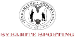 Sybarite Sporting logo with red deer stag, cape buffalo, big game sea fisherman & driven game shooting sportsman figures.